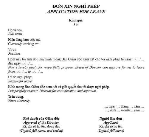 Hãy xem hình ảnh về đơn xin nghỉ phép đi du lịch bằng tiếng Anh để chuẩn bị cho kỳ nghỉ tiếp theo của bạn. Bằng cách sử dụng mẫu đơn này, bạn có thể gửi yêu cầu nghỉ phép bằng tiếng Anh, giúp cho việc xin phép trở nên dễ dàng hơn.