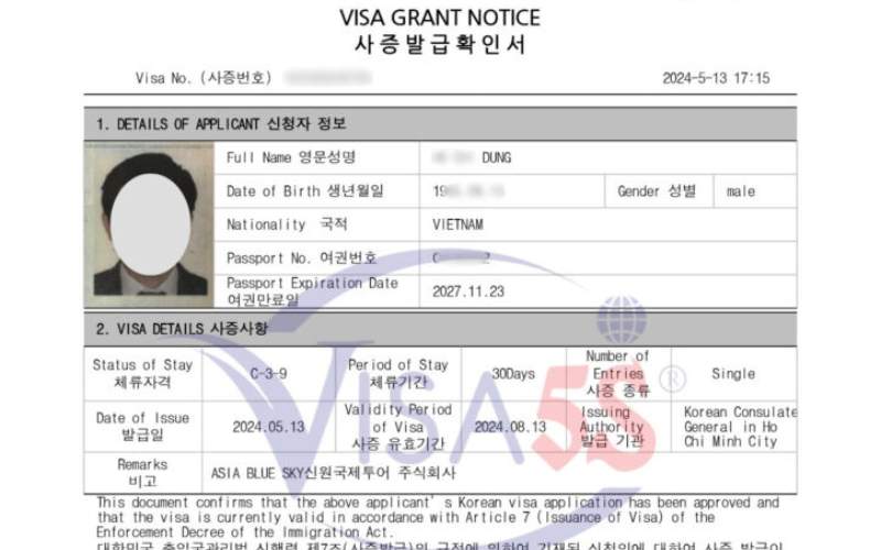 Hình ảnh Visa Hàn Quốc thục tế mà Visa5S đã làm