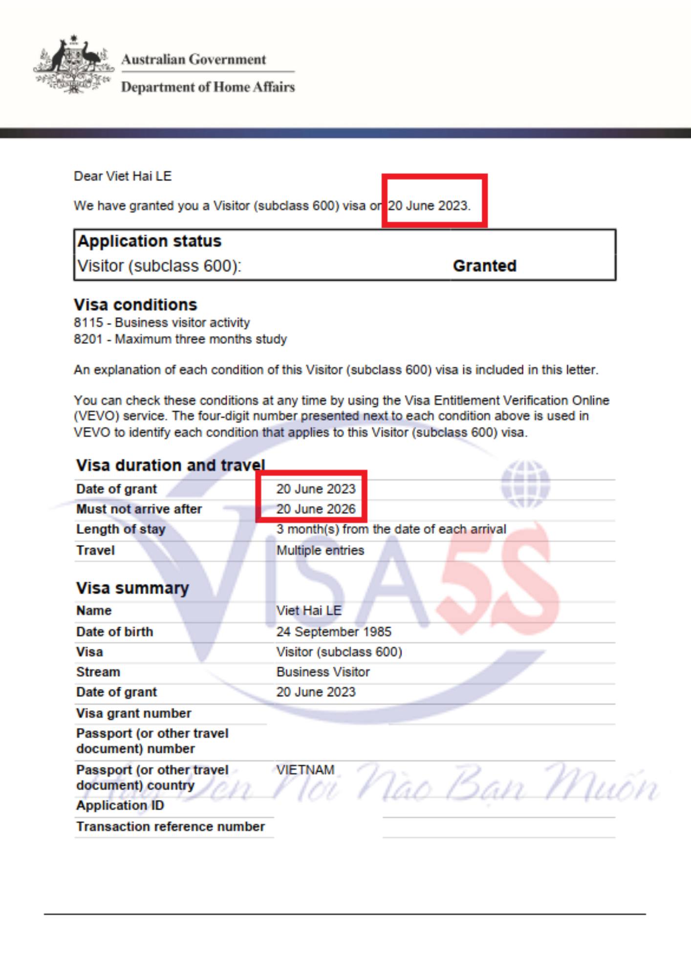 Hình ảnh Visa Úc mà Visa5S đã làm