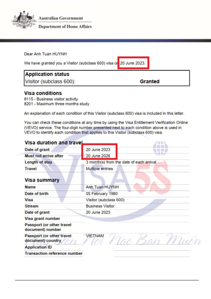 Hình ảnh Visa đi Úc mà Visa5s đã làm cho khách hàng