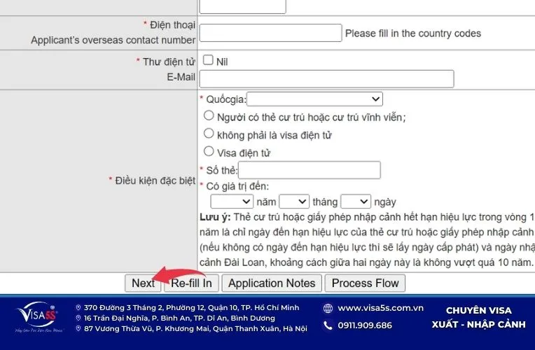Điền email và xác nhận đăng ký evisa Đài Loan