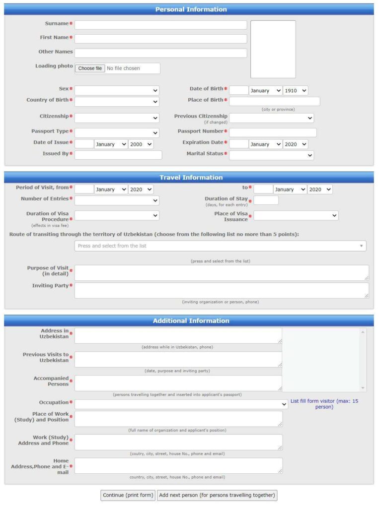 Thông tin cá nhân mẫu tờ khai visa uzbekistan