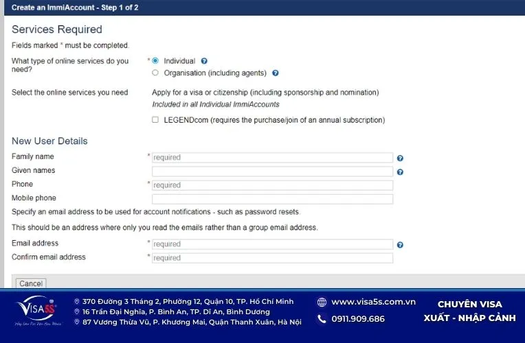 Nhập thông tin tạo tài khoản xin visa Úc online