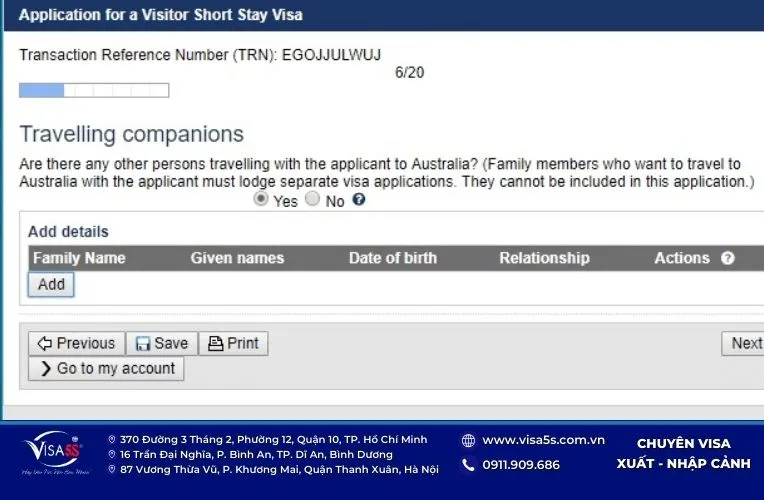 Nhập thông tin về người đi cùng khi xin visa Úc Online