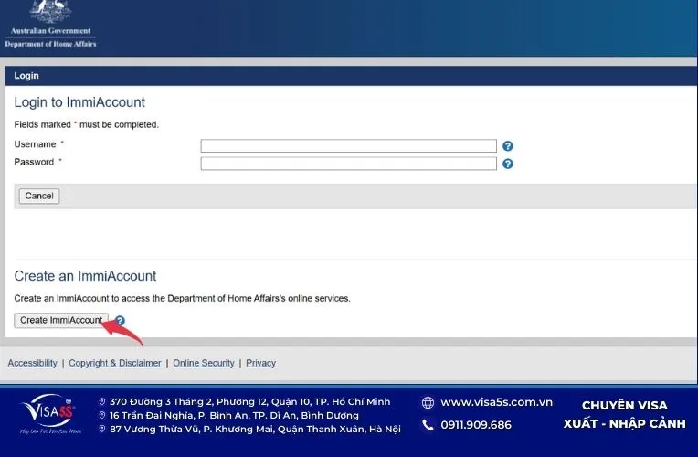 Tạo tài khoản đăng ký xin visa Úc online