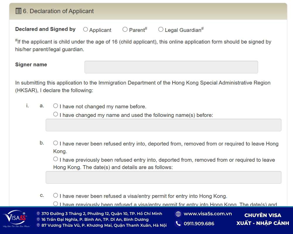 Cam kết và xác thực thông tin kê khai khi làm visa Hong Kong tự túc