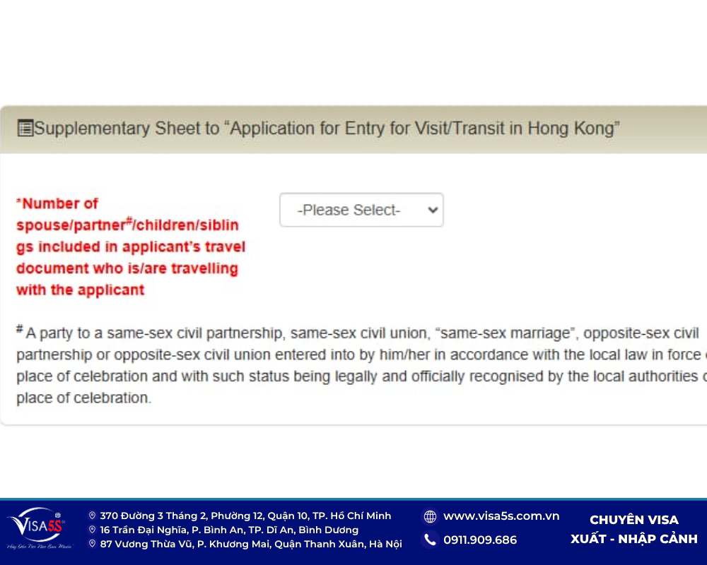 Liệt kê về số người đi cùng trên trang evisa Hong Kong