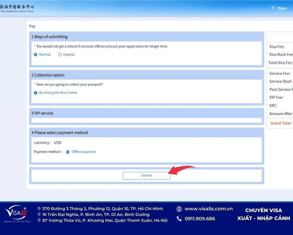 Thanh toán chi phí cho mẫu đơn xin visa Trung Quốc