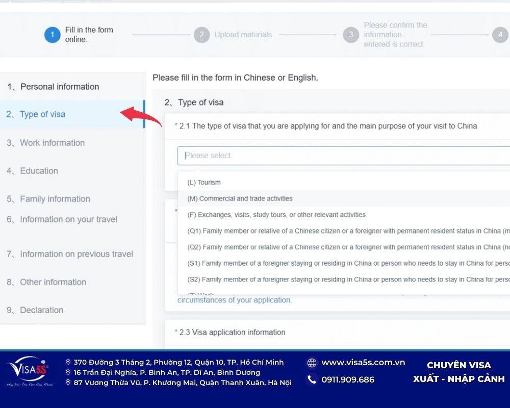Chọn loại thị thực Trung Quốc bạn muốn xin
