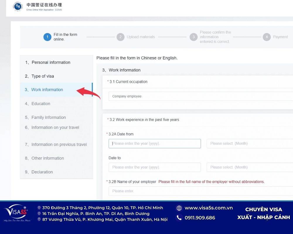 Thông tin việc làm của bạn vào tờ khai xin visa Trung Quốc online.
