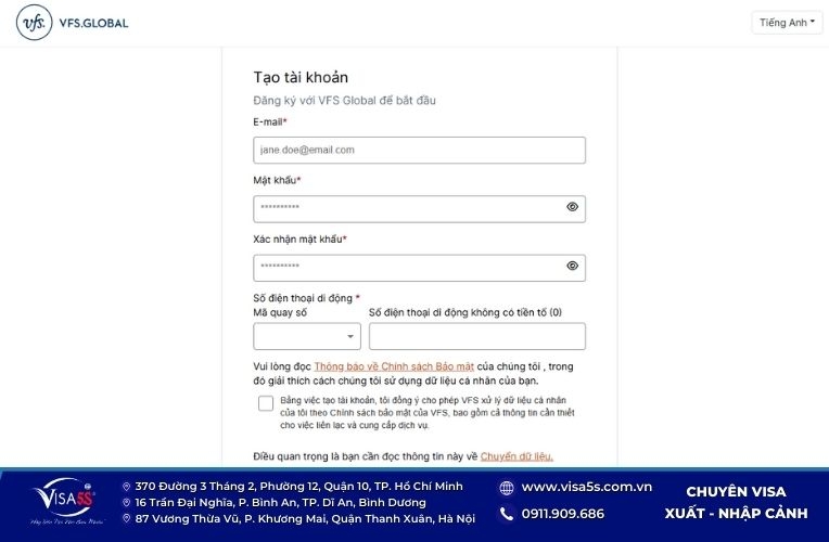 Đăng ký tài khoản lấy dấu vân tay visa Úc