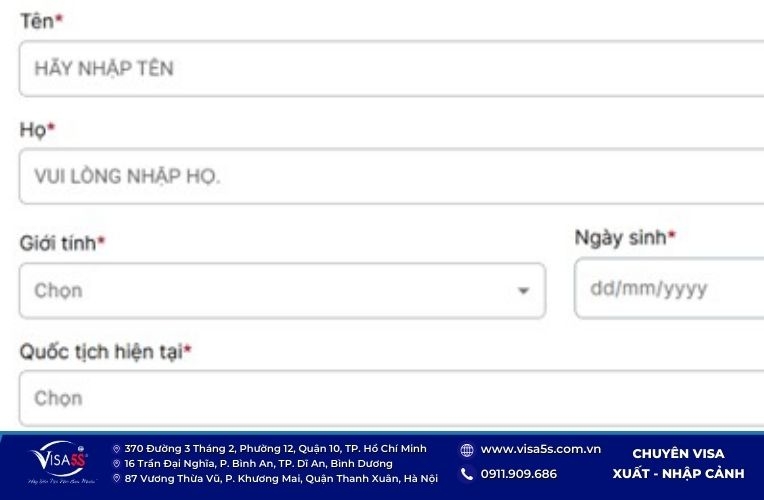 Điền thông tin cá nhân để đặt lịch hẹn lấy dấu vân tay visa Úc