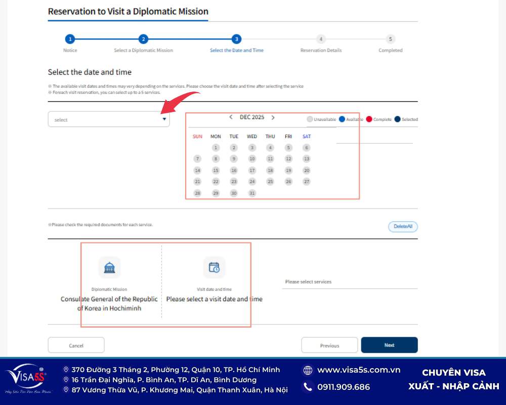 Hướng dẫn đặt lịch hẹn visa Hàn Quốc online chi tiết 2026 23 Chọn loại thị thực và ngày đặt hẹn visa Hàn Quốc