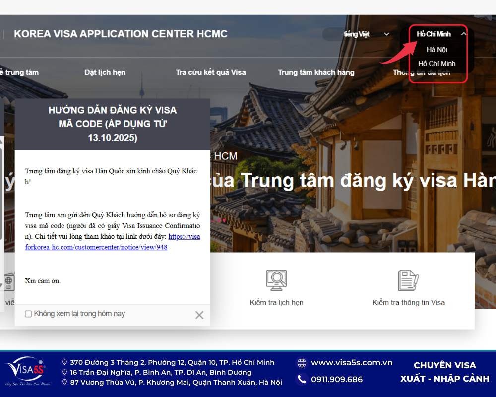 Hướng dẫn đặt lịch hẹn visa Hàn Quốc online chi tiết 2026 13 Truy cập website của Trung tâm visa Hàn Quốc và chọn khu vực đăng ký.