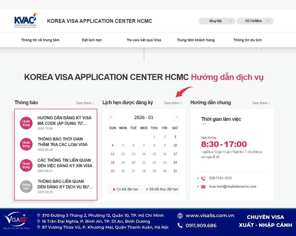 Hướng dẫn đặt lịch hẹn visa Hàn Quốc online chi tiết 2026 14 Vào mục Lịch hẹn để có thể đặt lịch visa Hàn Quốc tự túc.