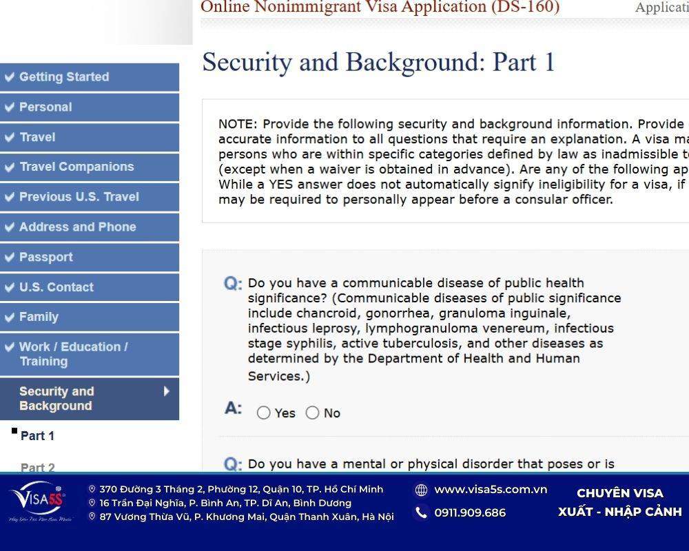 Hướng dẫn điền mẫu đơn xin visa Mỹ DS-160 mới nhất 2026 22 Thông tin về tình hình an ninh trên mẫu đơn xin visa Mỹ DS-160