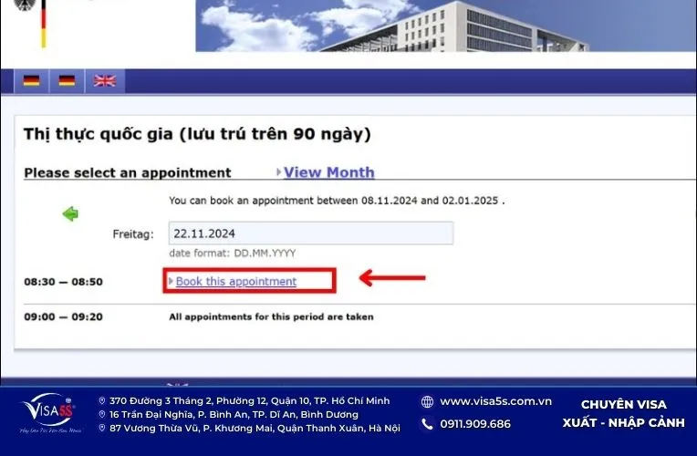Hướng dẫn cách đặt lịch hẹn xin visa Đức cập nhật mới 27 Chọn giờ đăng ký lịch hẹn xin visa Đức