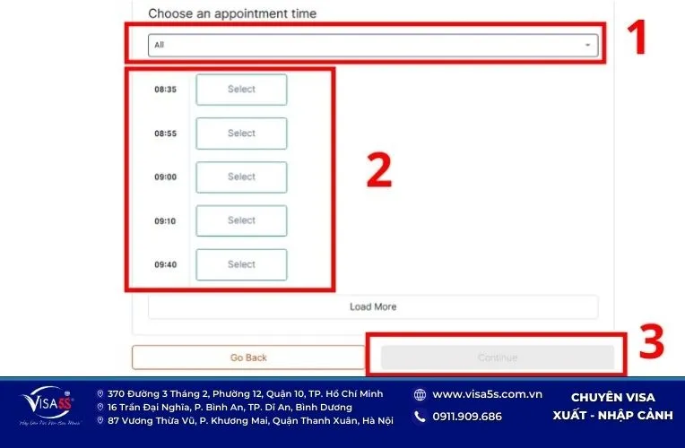 Hướng dẫn cách đặt lịch hẹn xin visa Đức cập nhật mới 20 Chọn khung giờ trong ngày để đặt lịch hẹn xin visa Đức