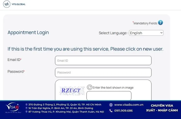 Tạo tài khoản vào web VFS Global để đặt lịch hẹn visa Canada