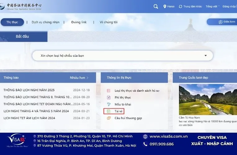 Truy cập trang Web của trung tâm để tải mẫu thư mời xin visa Trung Quốc