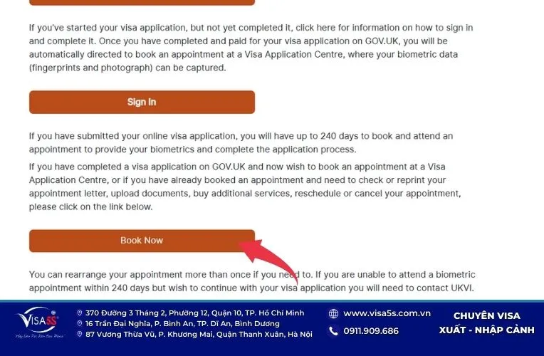 Bắt đầu đặt lịch hẹn visa Anh
