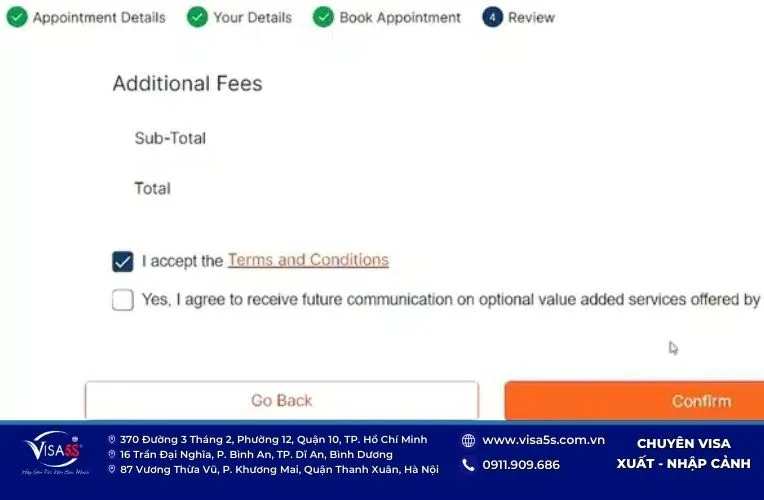 Đồng ý điều khoản và hoàn thành lịch hẹn visa Anh