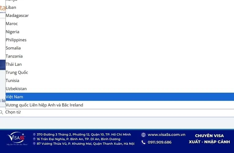 chọn quốc gia để kiểm tra kết quả visa visa Pháp online