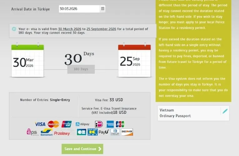 Chọn ngày dự kiến đến Thổ Nhĩ Kỳ