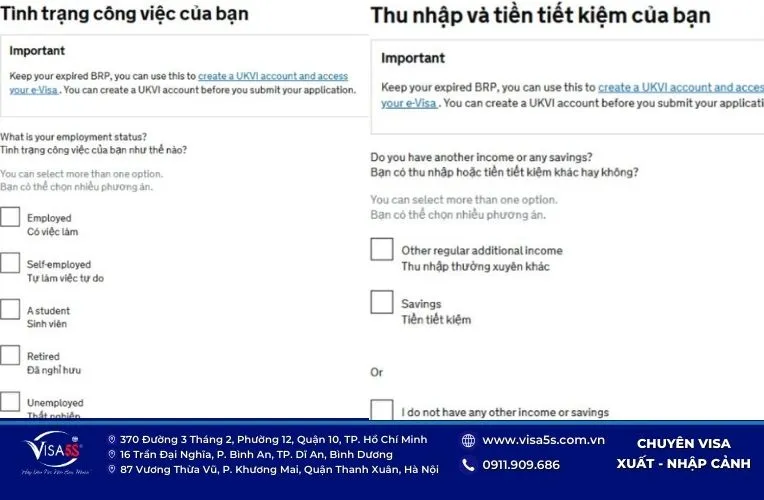 Điền thông tin về công việc và thu nhập vào mẫu đơn xin visa Anh trực tuyến