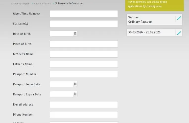 Nhập thông tin theo yêu cầu khi xin e-visa Thổ Nhĩ Kỳ