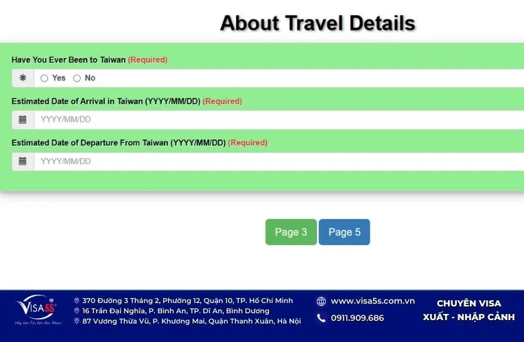 Nhập thông tin về chuyến đi vào mẫu đơn xin visa Đài Loan