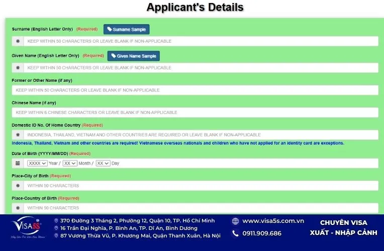 Thông tin cá nhân vào tờ khai form visa Đài Loan